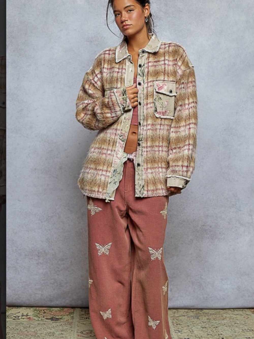 #192-0491 POL New Plaid Fuzzy Shacket with Floral Patch Pockets - Pink, Beige